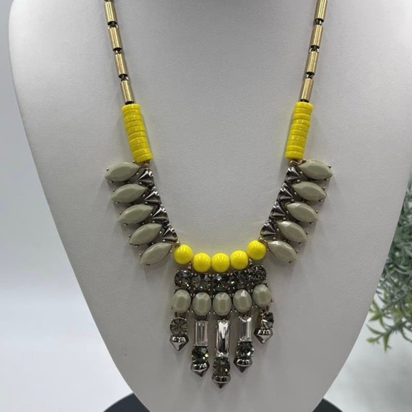 J. Crew Colorful Yellow Sage Green Gray Rhinestone Statement Gold Tone Necklace - Picture 3 of 16